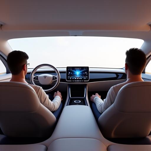 Concept image of a modern car interior without a steering wheel, emphasizing full autonomy.