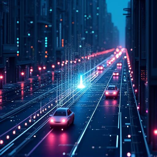 Graphic illustrating communication between cars, traffic lights, and a central network for V2X systems.