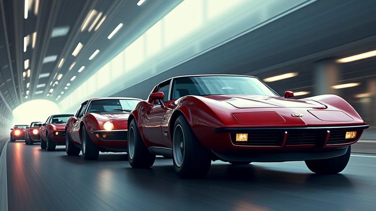 A stylized collage of iconic cars from different eras, hinting at rapid evolution.