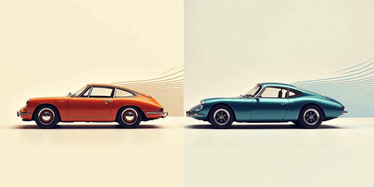 Comparison image of a vintage, boxy car next to a sleek, modern car with simulated airflow lines showing aerodynamic differences.