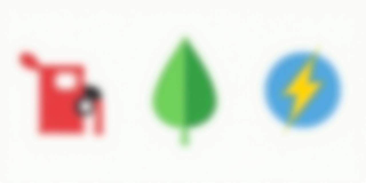 Icons representing different automotive fuel types: a classic gasoline pump, a green leaf for biofuel, and a lightning bolt for electric power.