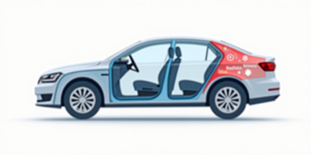 Diagram illustrating modern car safety features like crumple zones, airbags, and sensor systems protecting occupants.