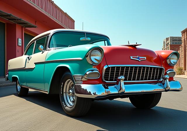 A vibrant, two-tone Chevrolet Bel Air from 1955, showcasing post-war design.