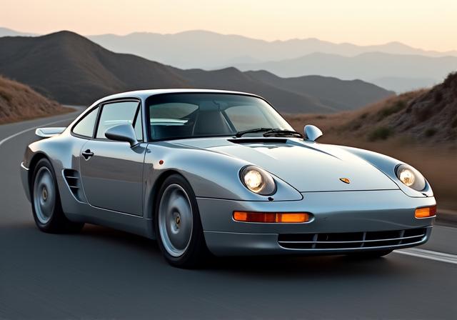 A sleek, silver Porsche 959 from 1985, a technological marvel.